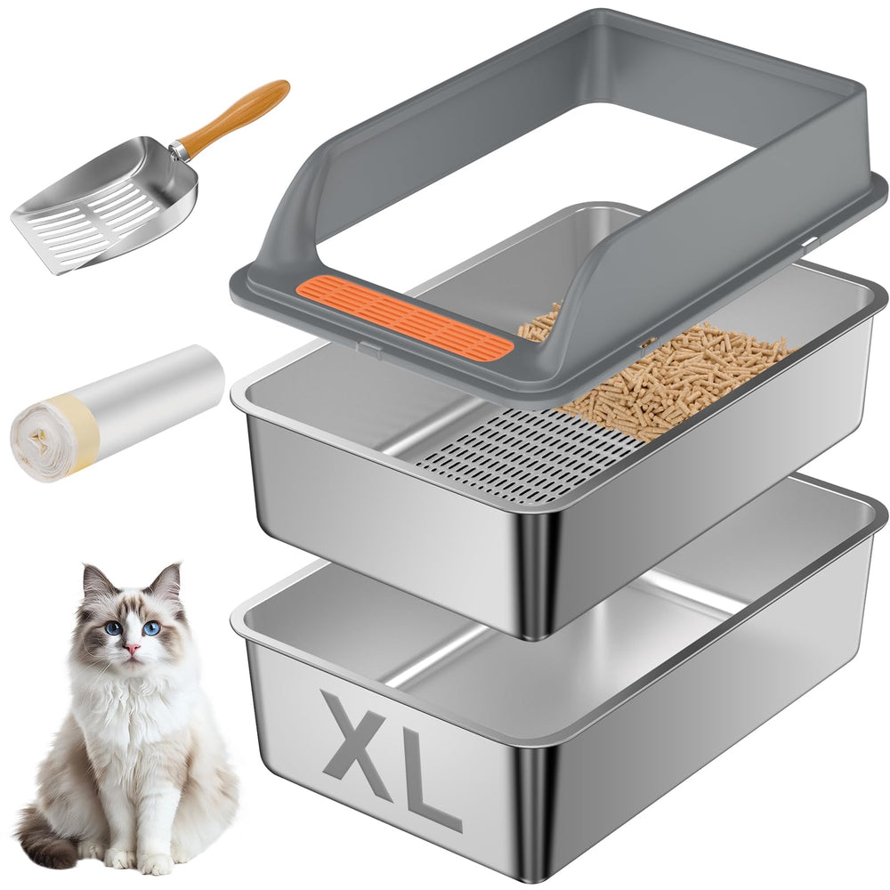 Yoochee stainless steel sifting litter box front view showing spacious interior and rust-resistant surface.