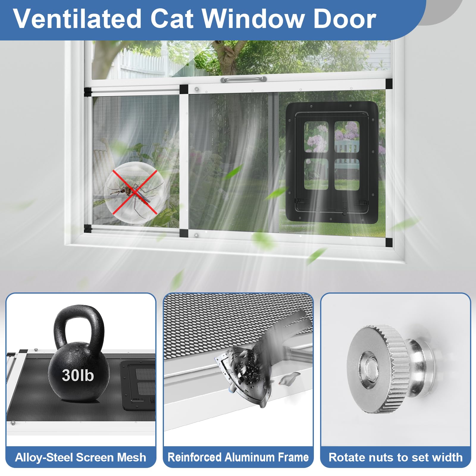 Yoochee ventilated pet door dimensions 32-38 inch fit aligns with sash window tracks.