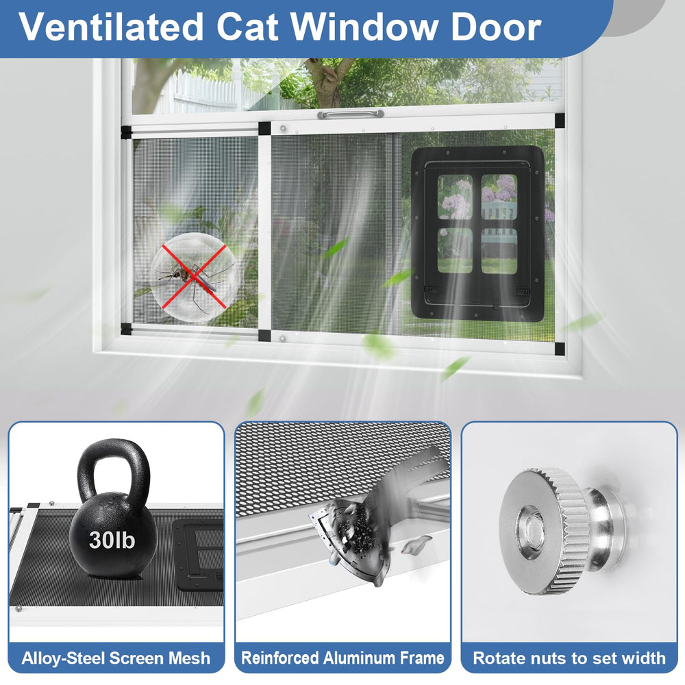 Yoochee ventilated pet door dimensions 32-38 inch fit aligns with sash window tracks.