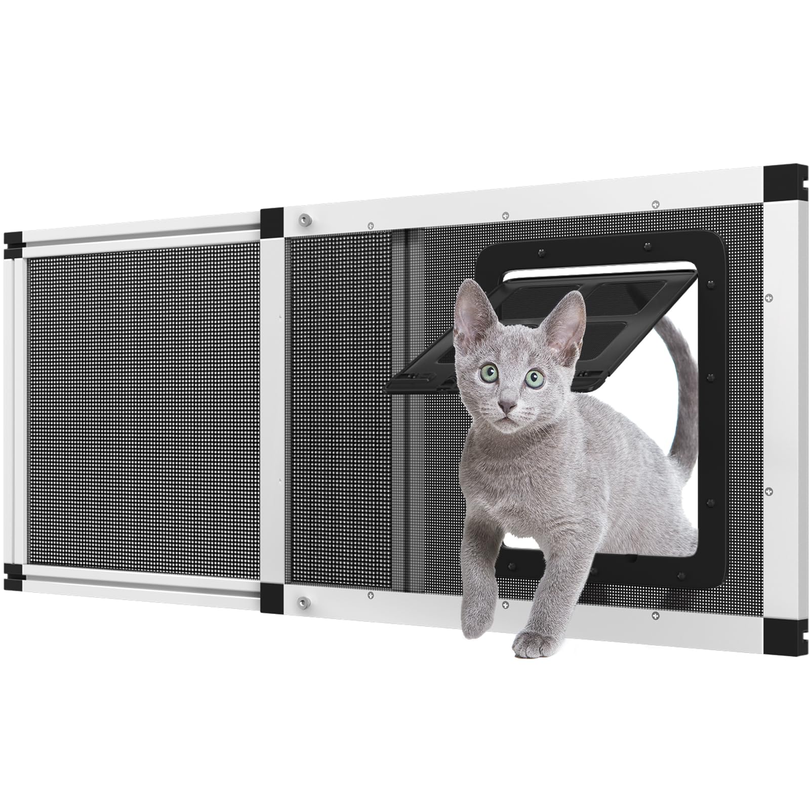 Yoochee ventilated pet door window frame shows sturdy aluminum frame for durable airflow.