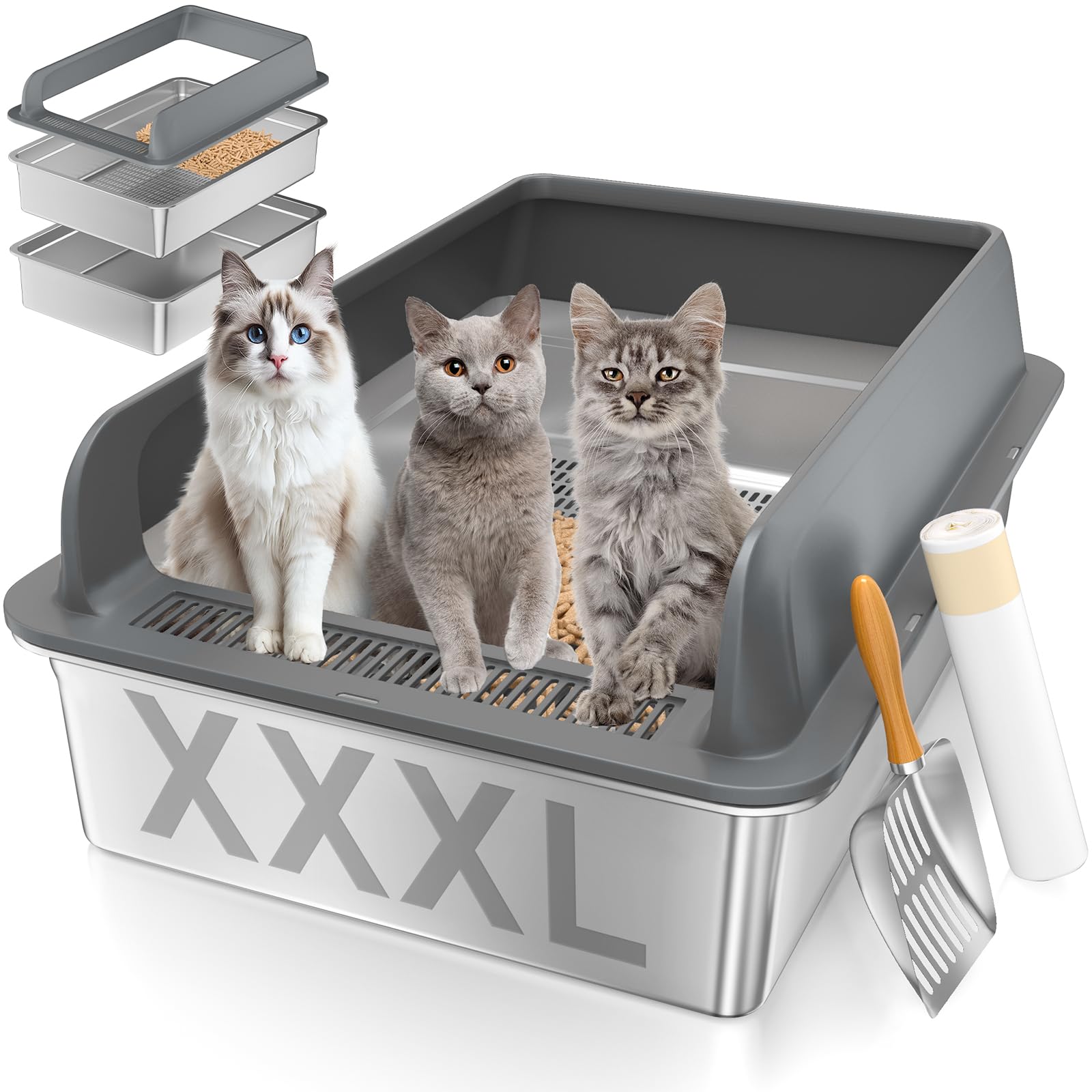 Yoochee XXXL litter box top view shows durable stainless steel for lasting use.