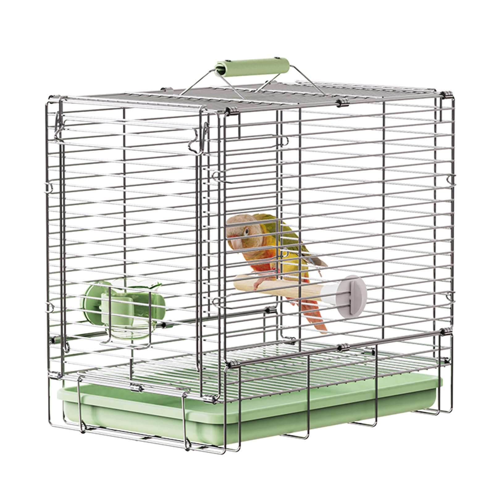 YOOSO WING green bird travel cage closed view showing sturdy stainless steel