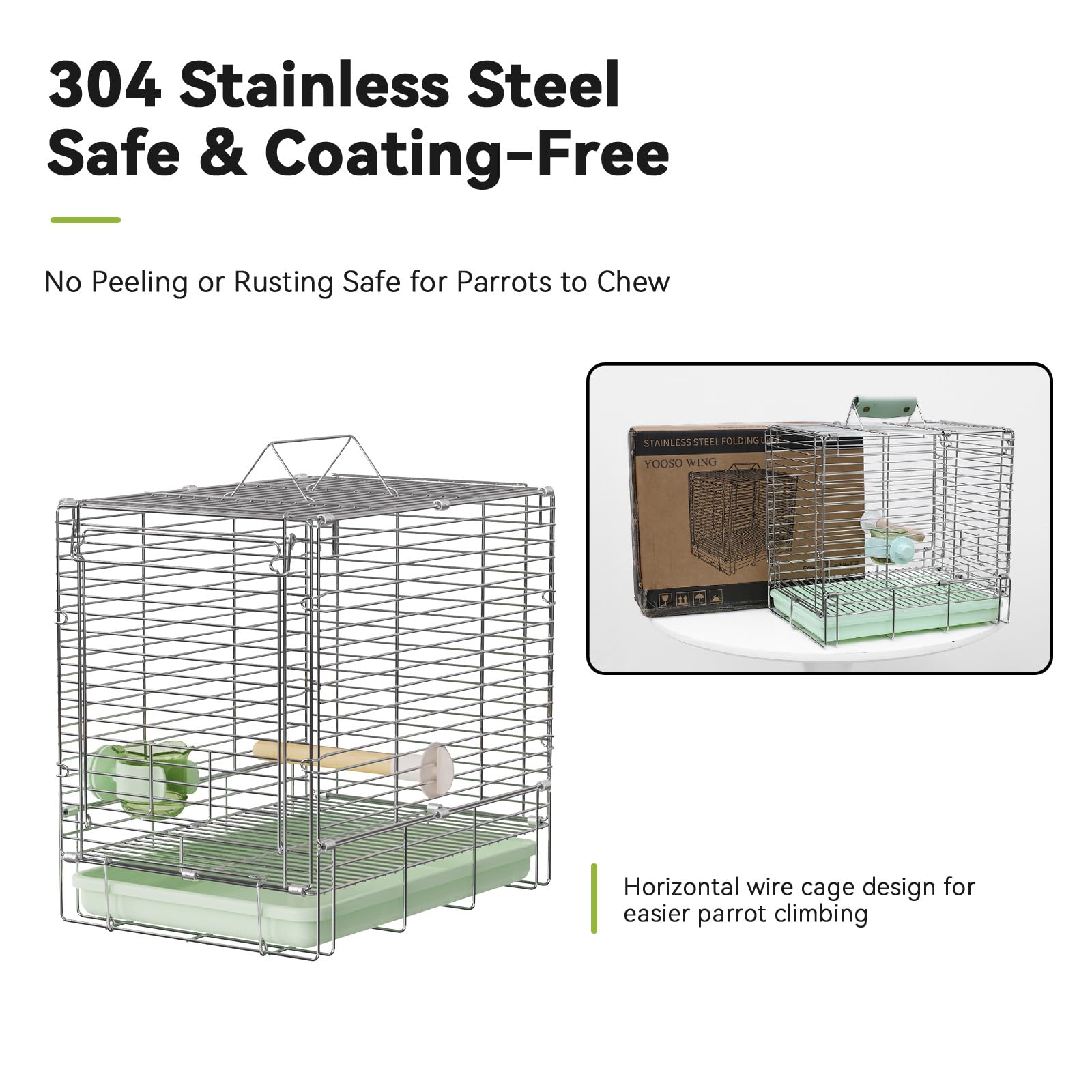 YOOSO WING green cage with stand-perch and feeder cups ready for outdoor adventures