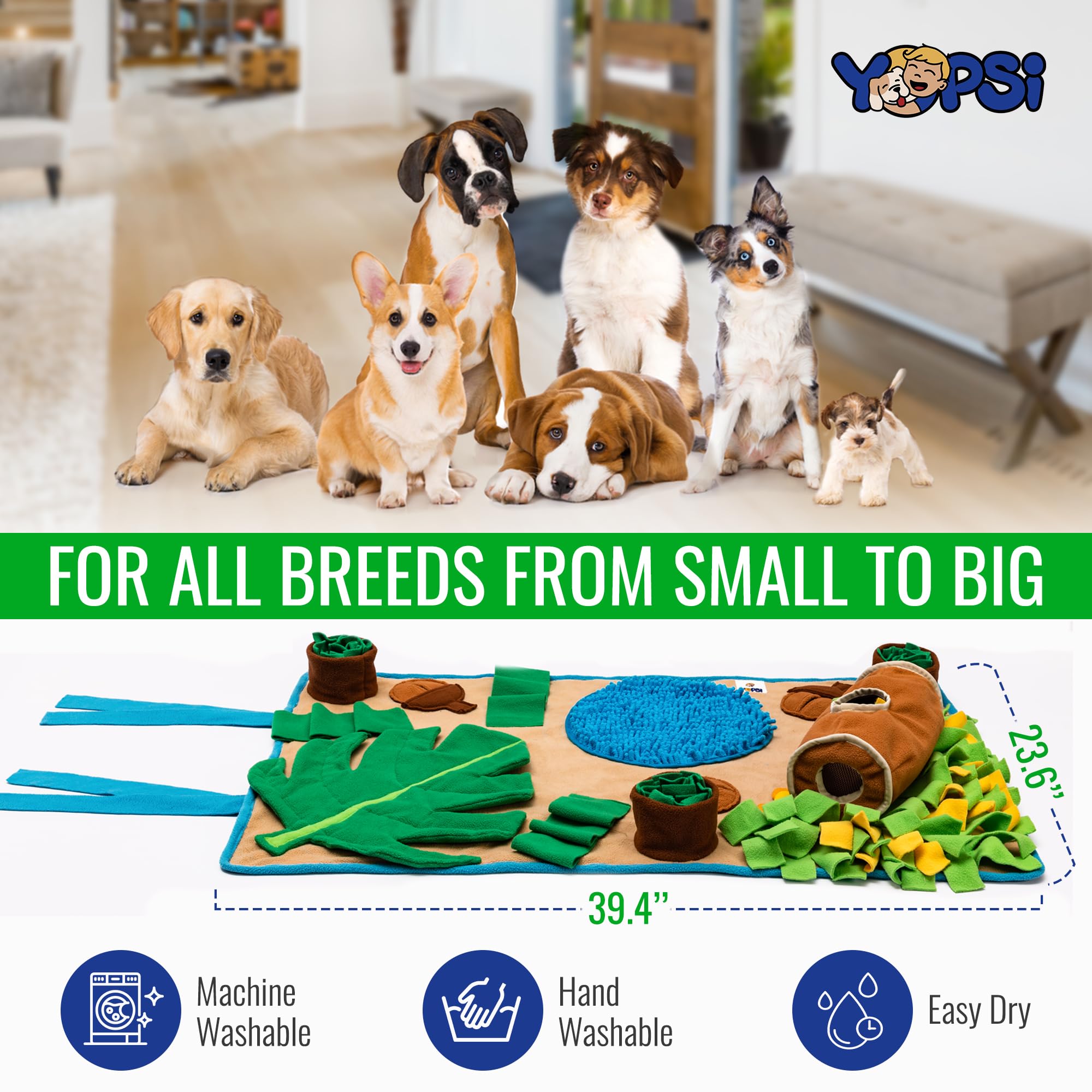 YOPSI Snuffle Mat large machine-washable material simplifies cleanup after use.