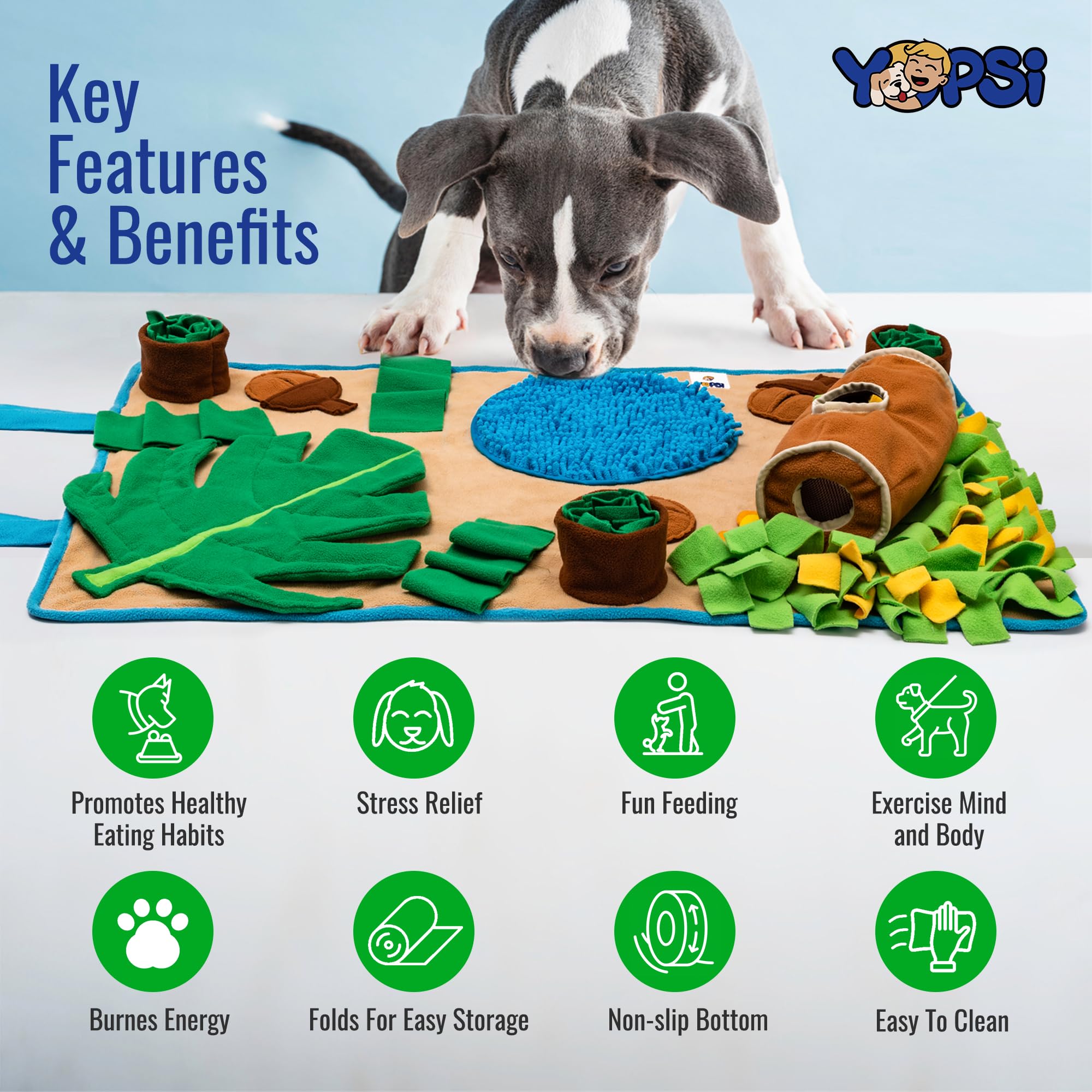 YOPSI Snuffle Mat large non-slip base keeps mat in place during play.