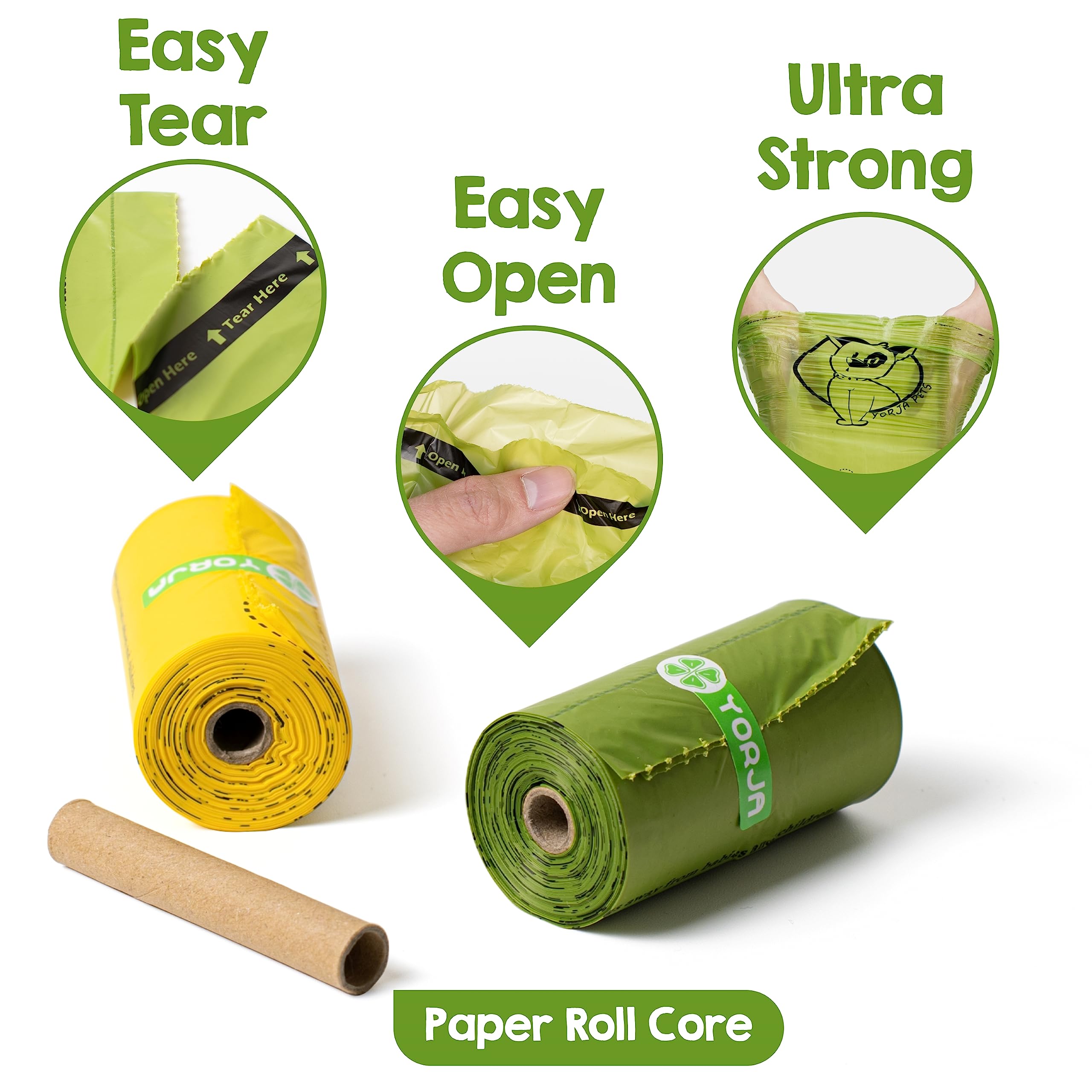YORJA poop bags rolls in dispenser showing easy tear and fit.