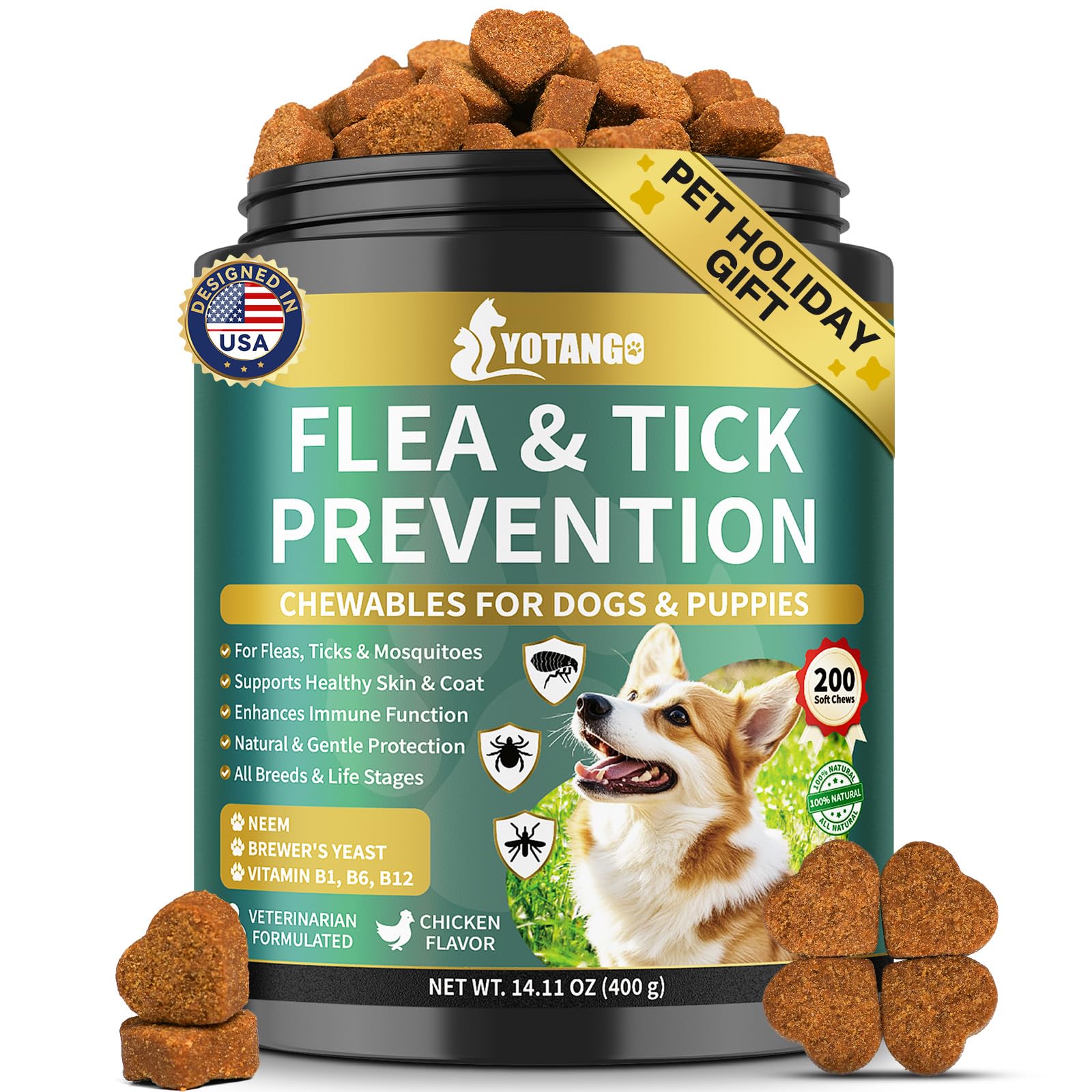 YOTANGO bottle front view with 200 soft chews for all breeds and natural flea protection