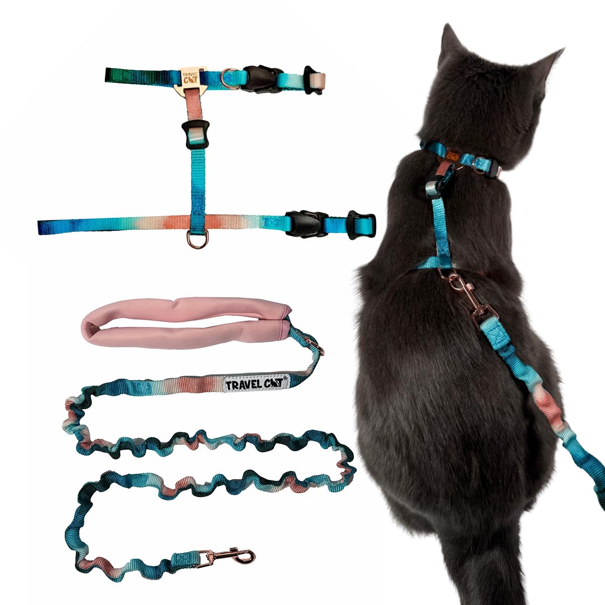 Your Cat Backpack travel cat harness with checkered pattern worn on a walk for safe outdoor exploration