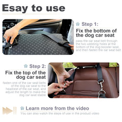 Youvee dog booster car seat being installed with belt and buckle for stability
