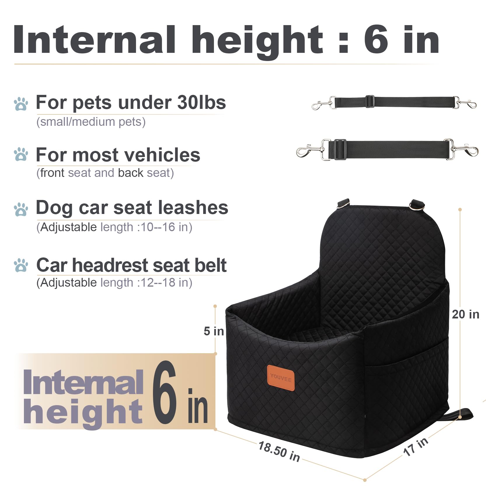 Youvee dog booster car seat front view highlighting 6-inch interior height for visibility