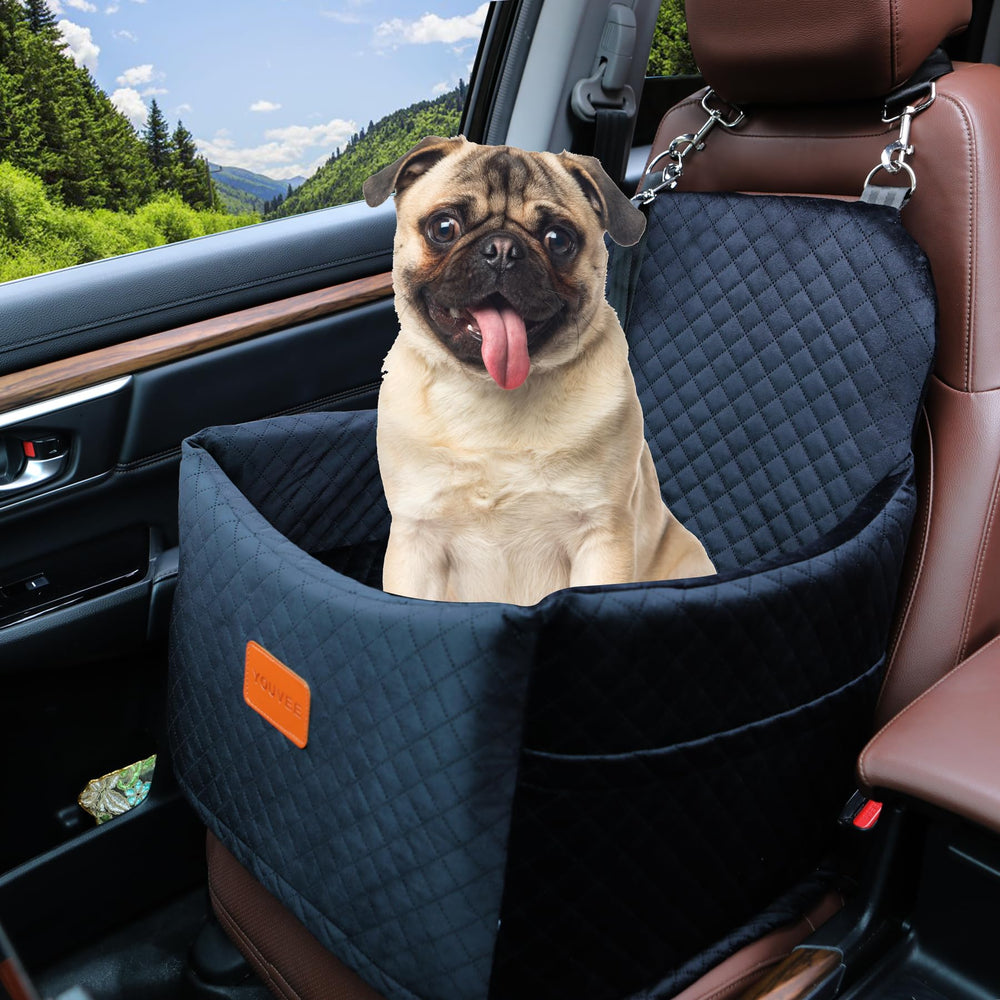 Youvee dog booster car seat side view with secure strap attachment for stable travel