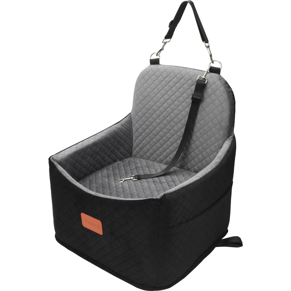 Youvee dog booster seat front view shows elevated comfort for small dogs during rides.