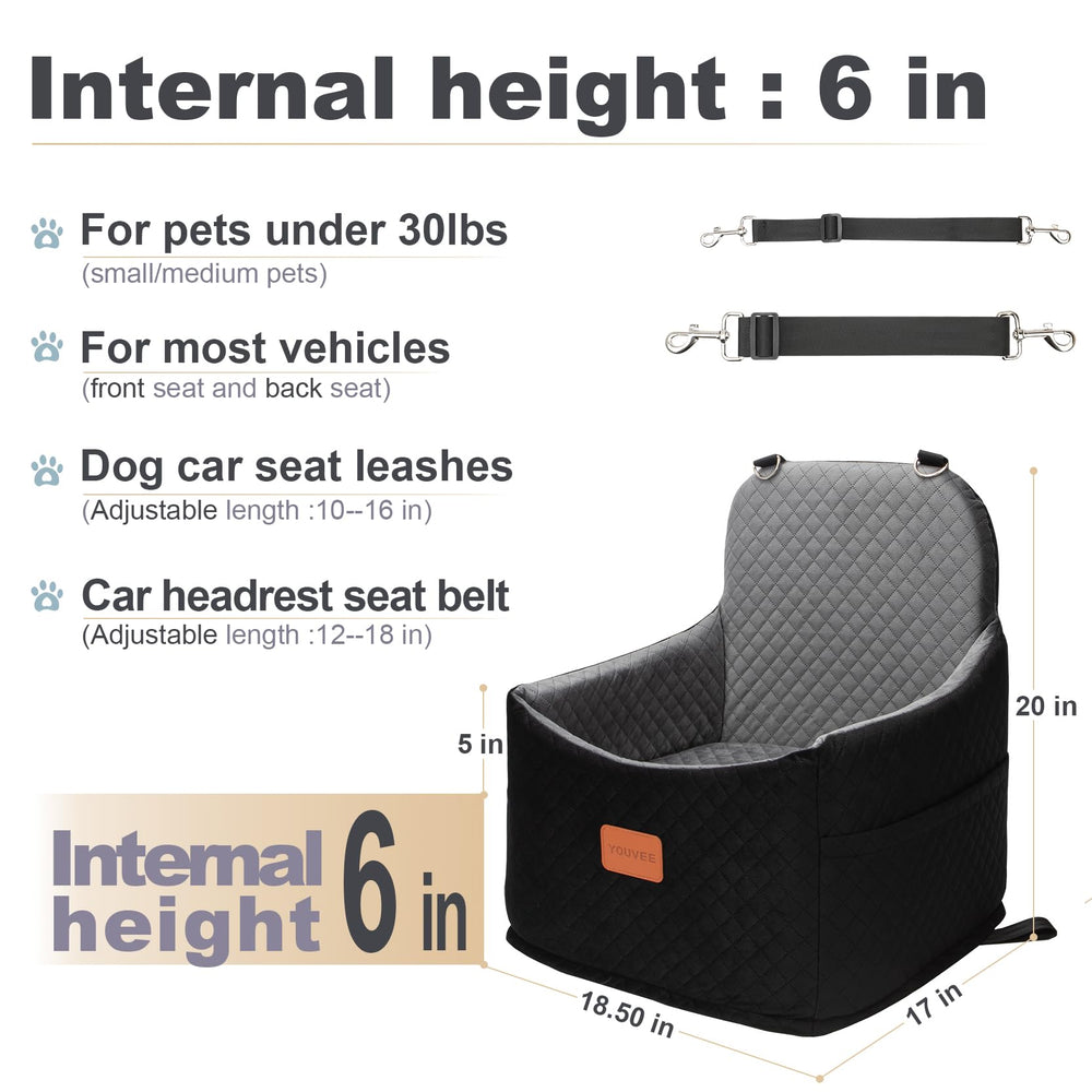 Youvee dog booster seat side view with 6-inch interior height for better window view.