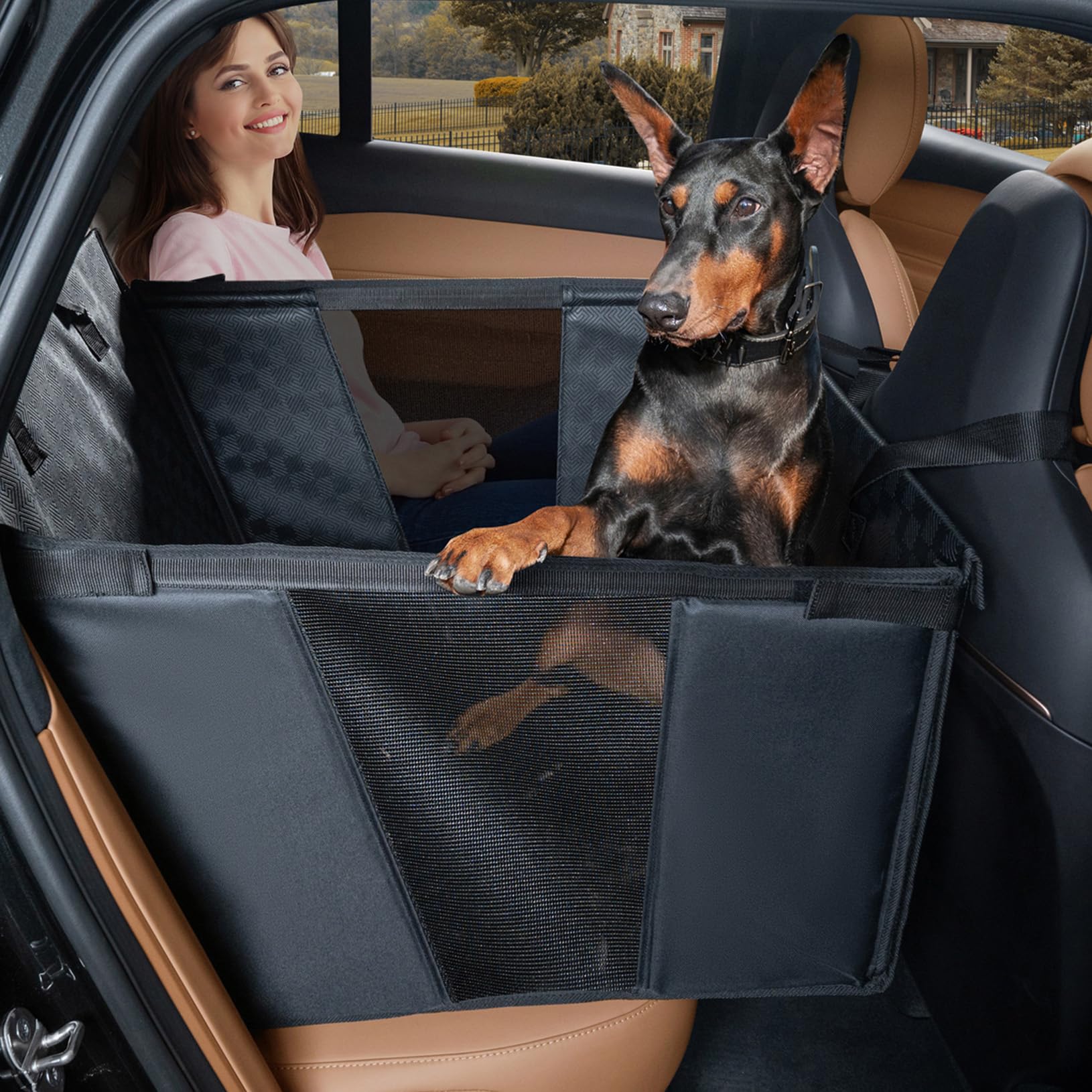 YOVEEKLE large dog car seat with half-hammock secures pets on road trips.