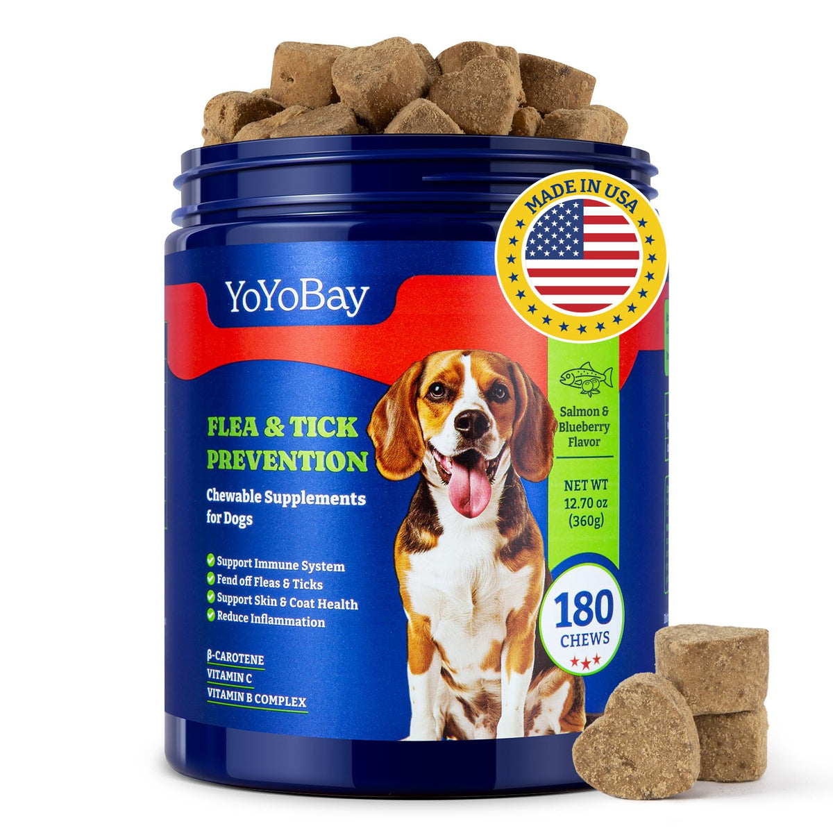 YoYoBay chews bottle front shows natural flea and tick prevention for dogs.