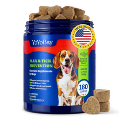 YoYoBay chews bottle front shows natural flea and tick prevention for dogs.