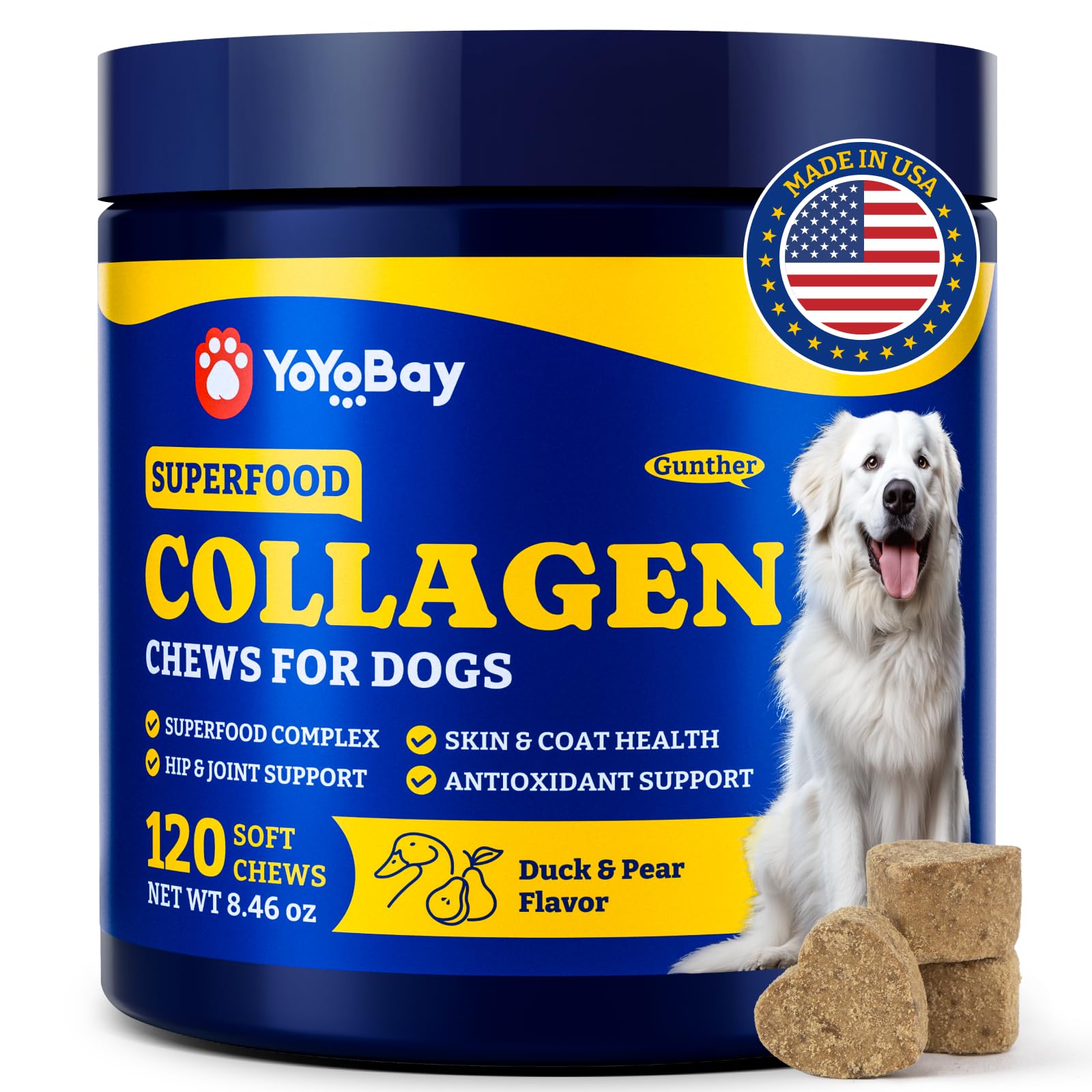 YoYoBay collagen dogs soft chews closeup highlights texture for coat health