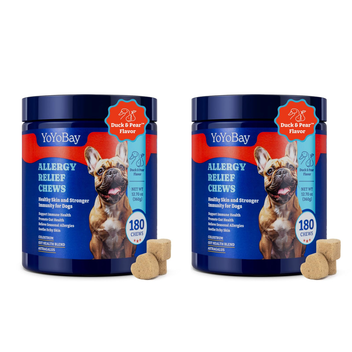 YoYoBay dog allergy relief chews bottle front shows immune-supporting formula