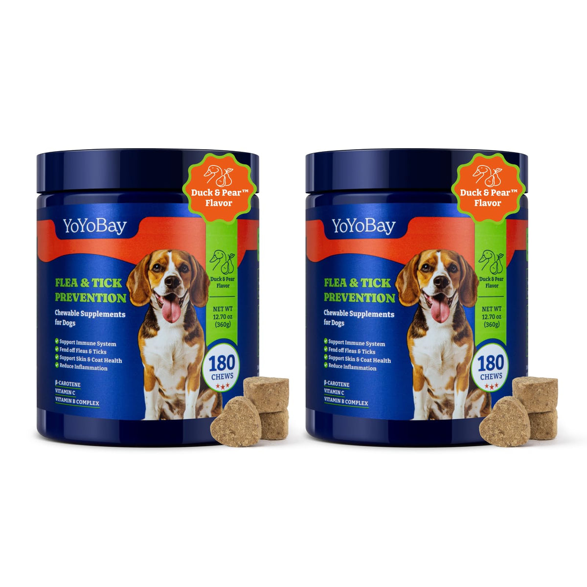 YoYoBay Duck pear chews bottle front view showing natural flea and tick prevention