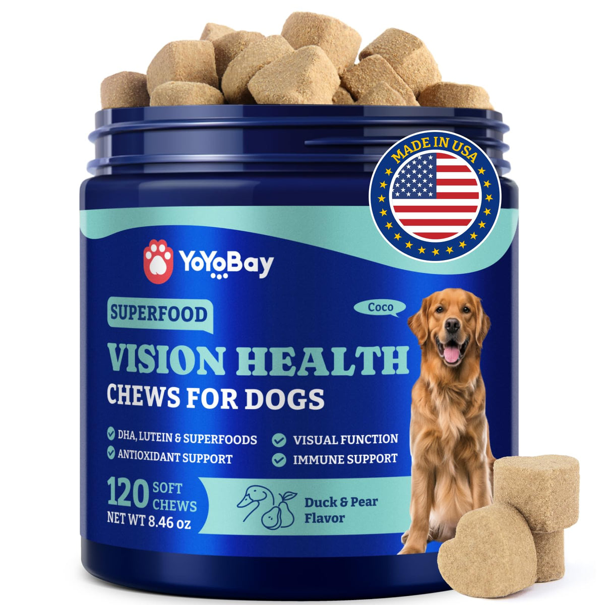 YoYoBay Eye Supplement bottle with soft chews for dogs supports eye health and vitality.