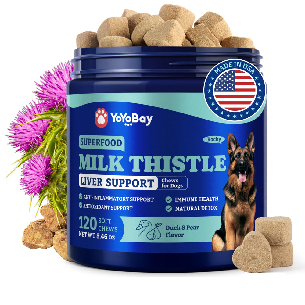YoYoBay milk thistle liver support chews bottle label promotes canine liver wellness.