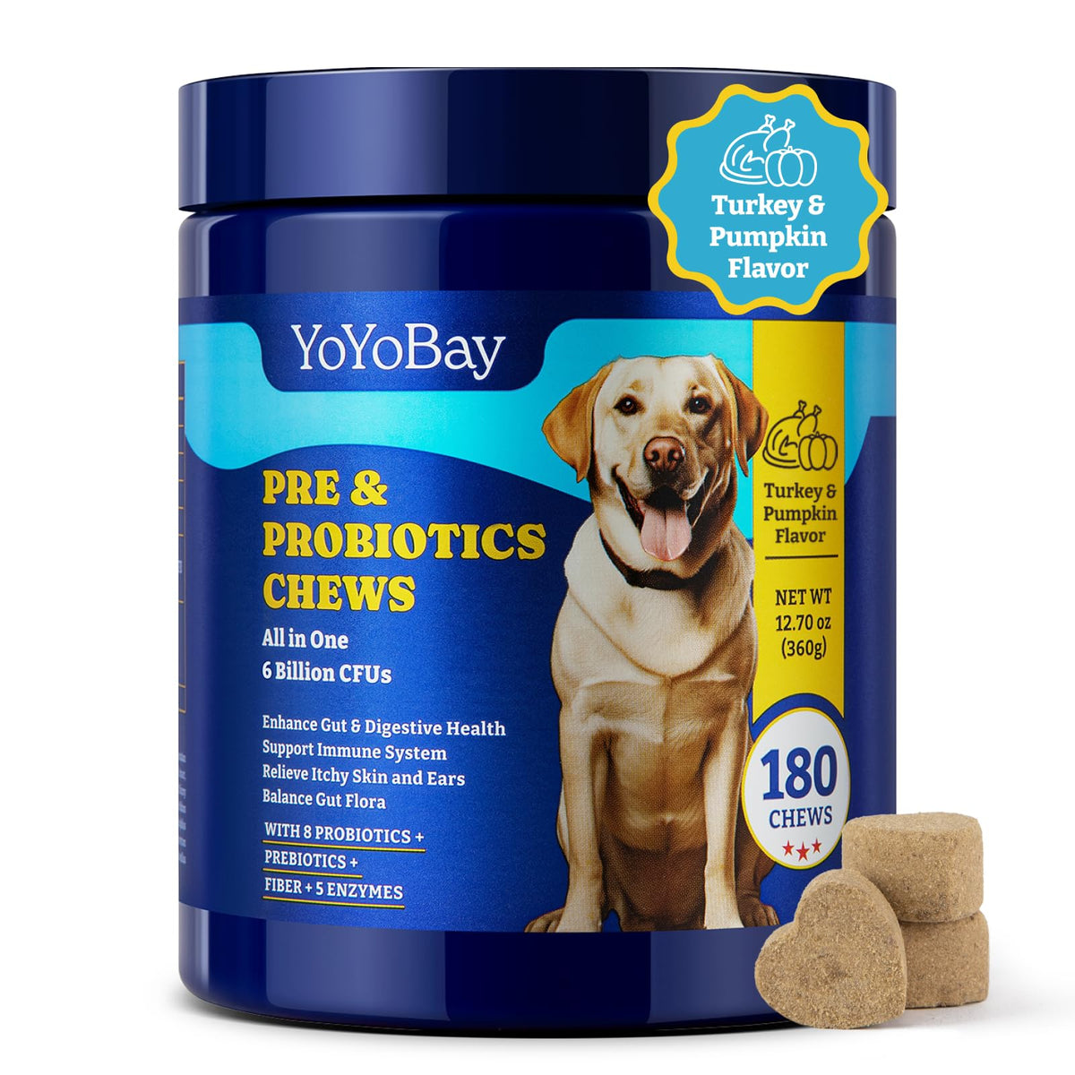 YoYoBay Probiotics bottle front view highlights dog gut health benefits