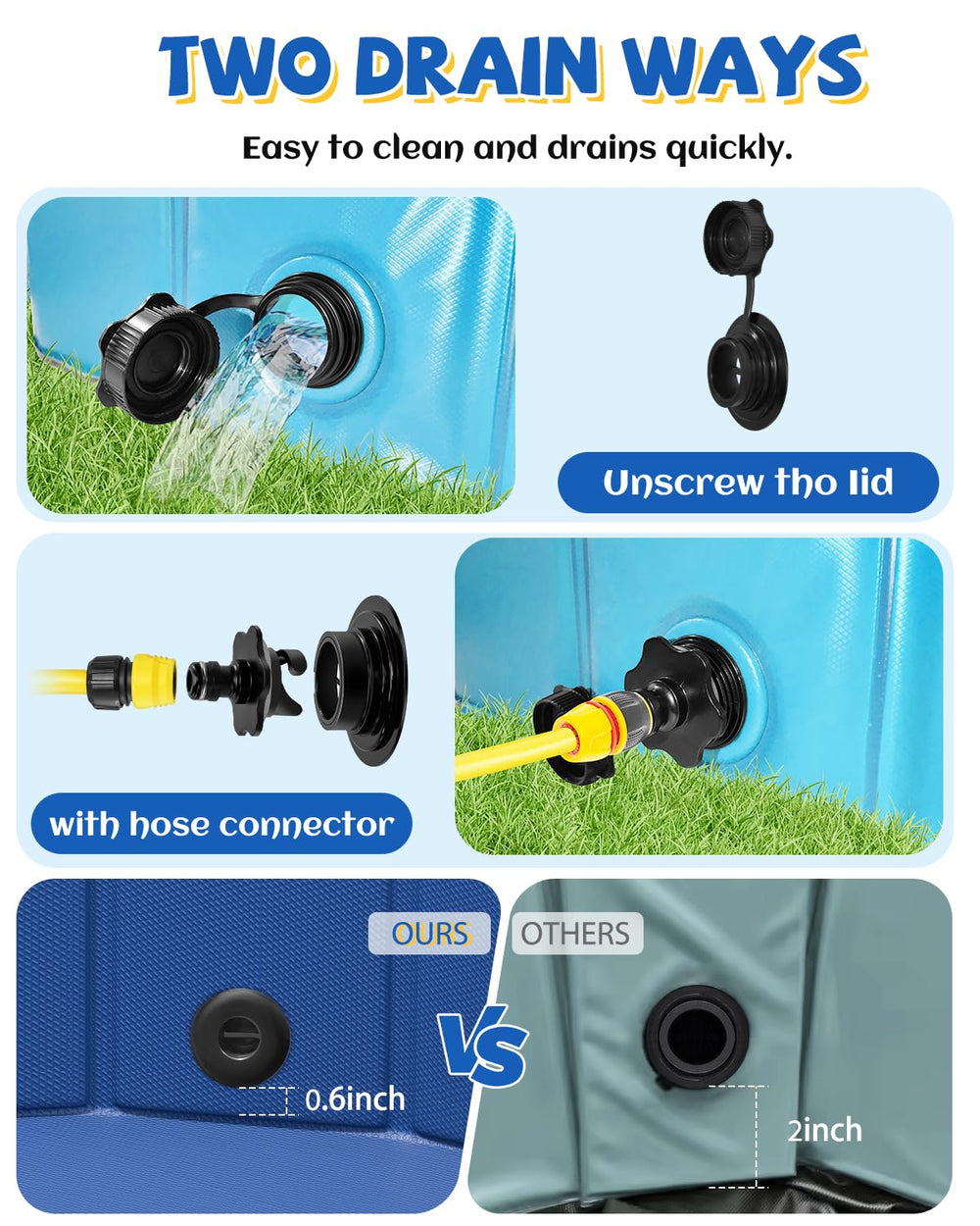 YSJILIDE dog bath includes drainage valve for quick, neat water release.