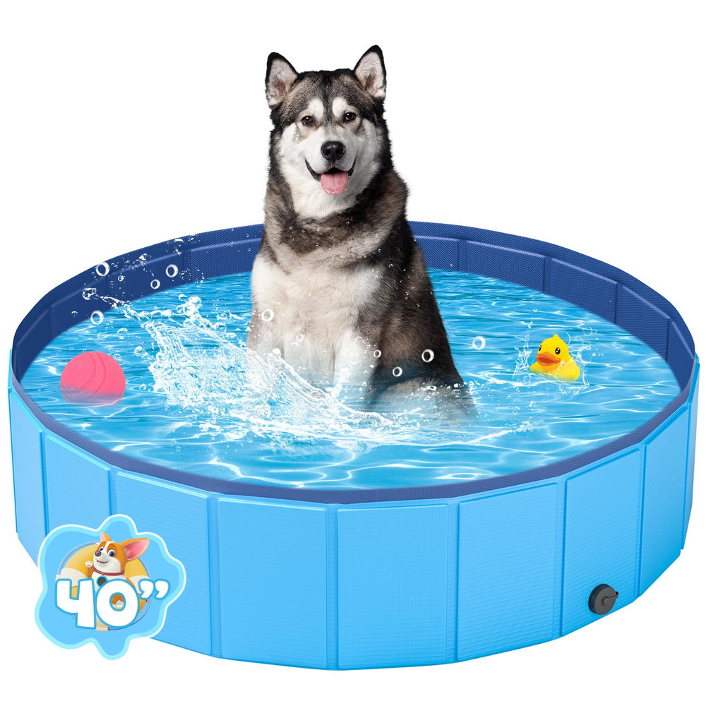 YSJILIDE portable dog pool blue front view shows durable design for cooling and bathing