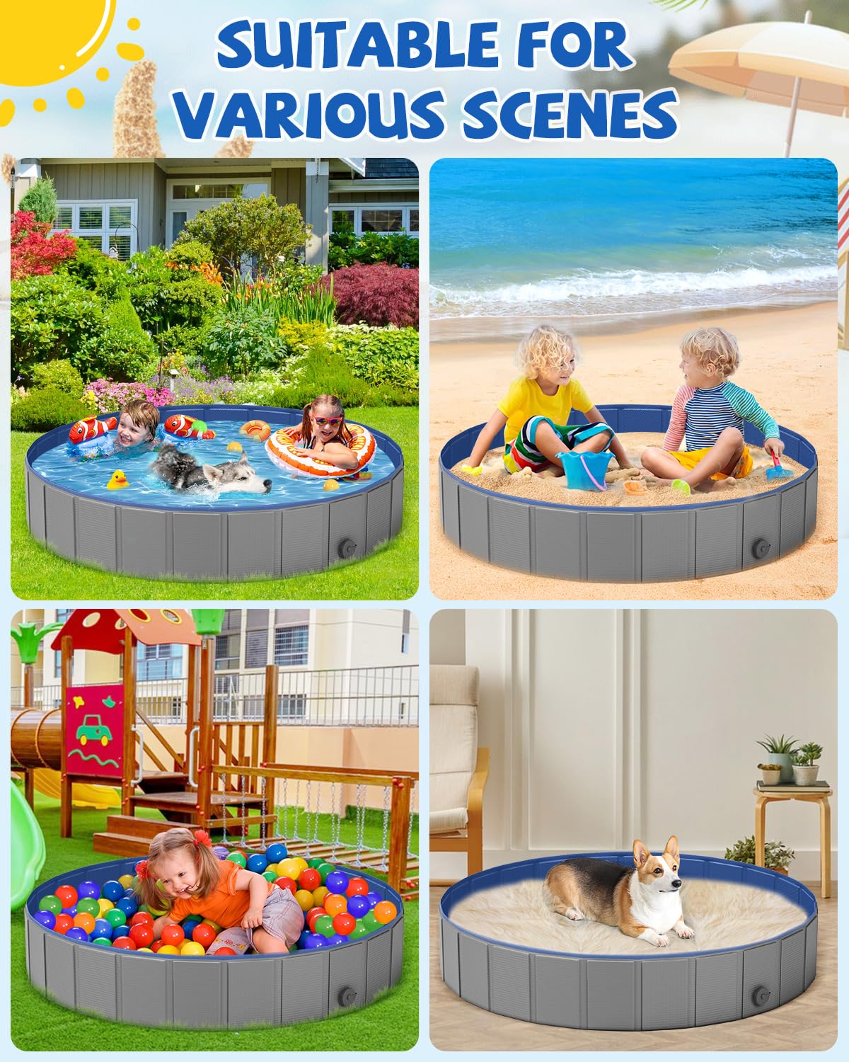 YSJILIDE portable dog pool outdoor use extends playtime in yards, parks, or beaches.