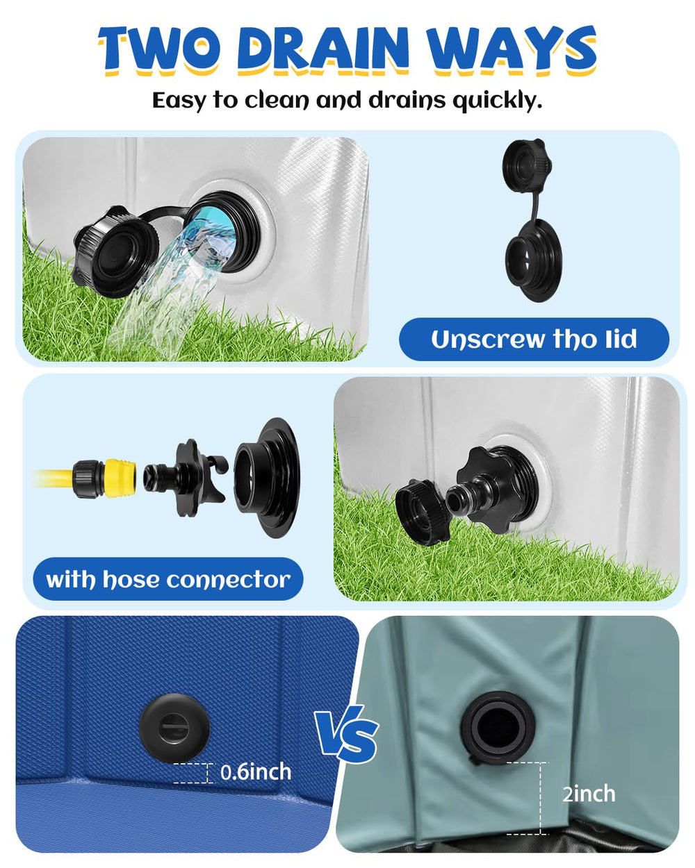 YSJILIDE portable dog pool XL drain valve; quick water release for easy cleanup.