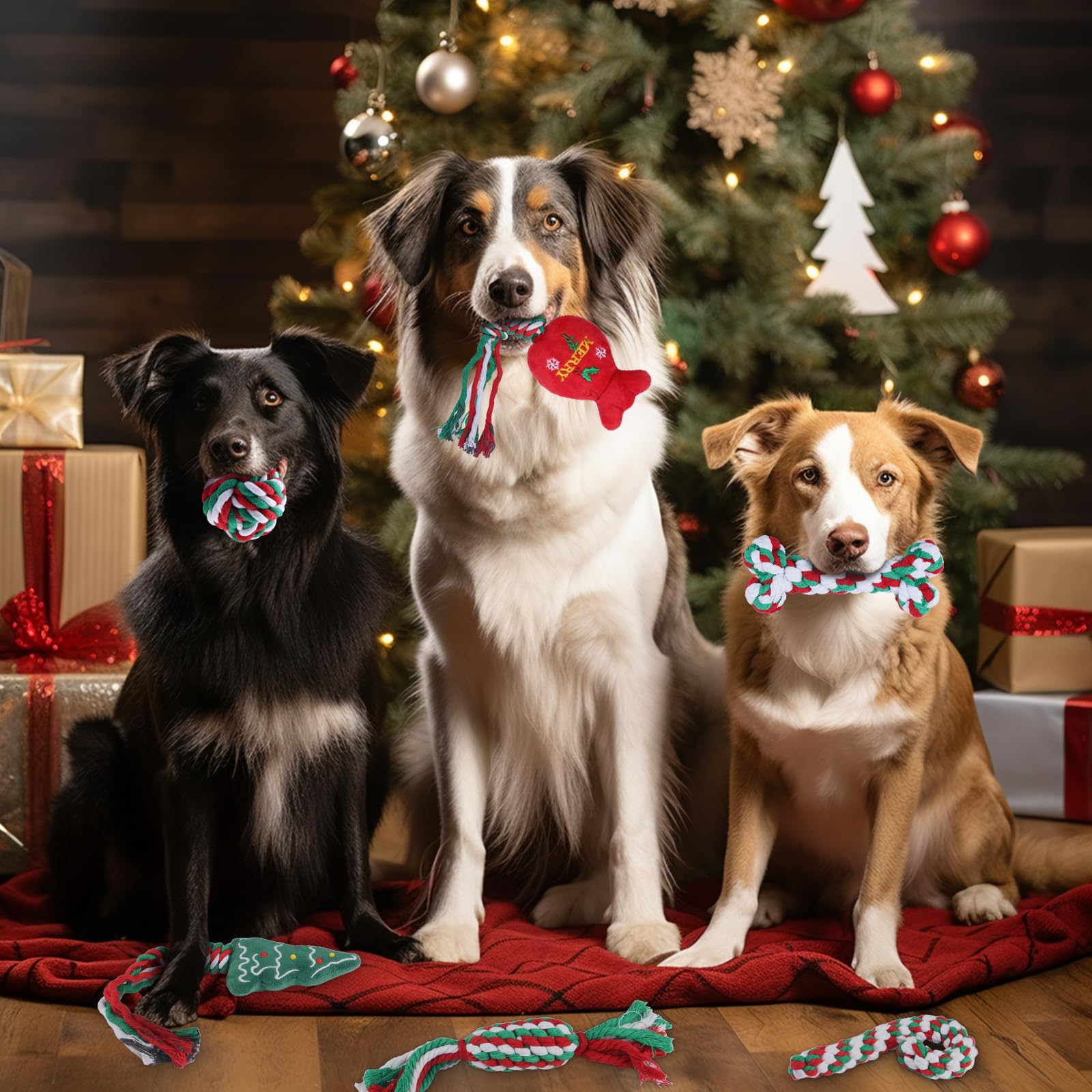 Yteseery Christmas tree squeaky toy promotes interactive play and engages a dog's senses.