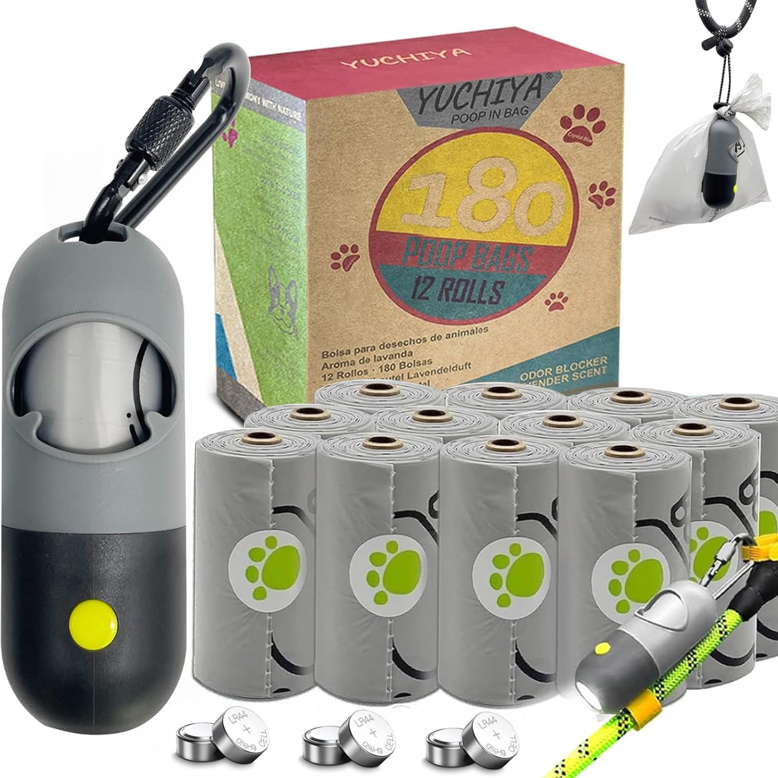 YUCHIYA dog poop bags holder with LED flashlight for safer night walks.