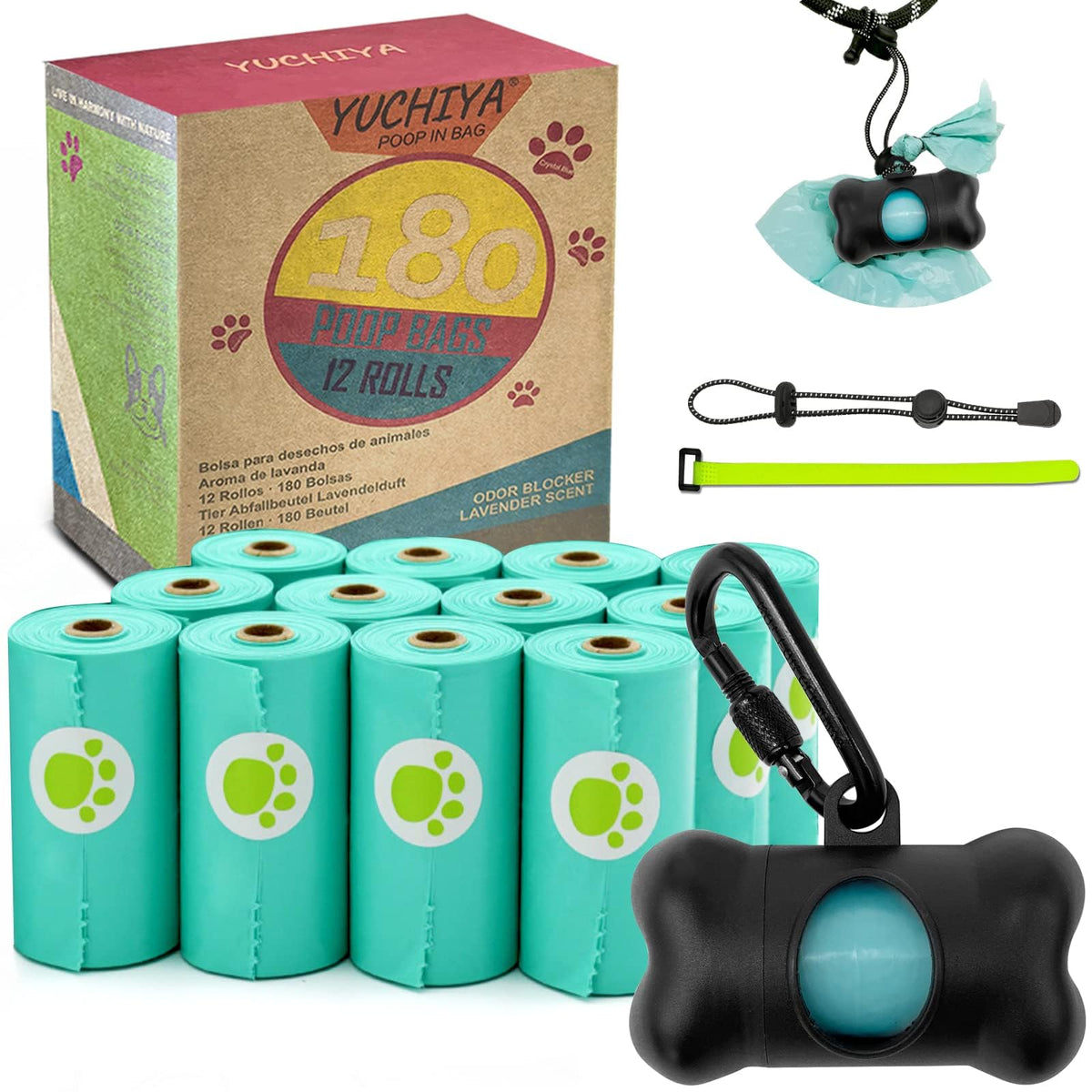 YUCHIYA dog poop bag dispenser front view shows easy-access design for bags during walks.