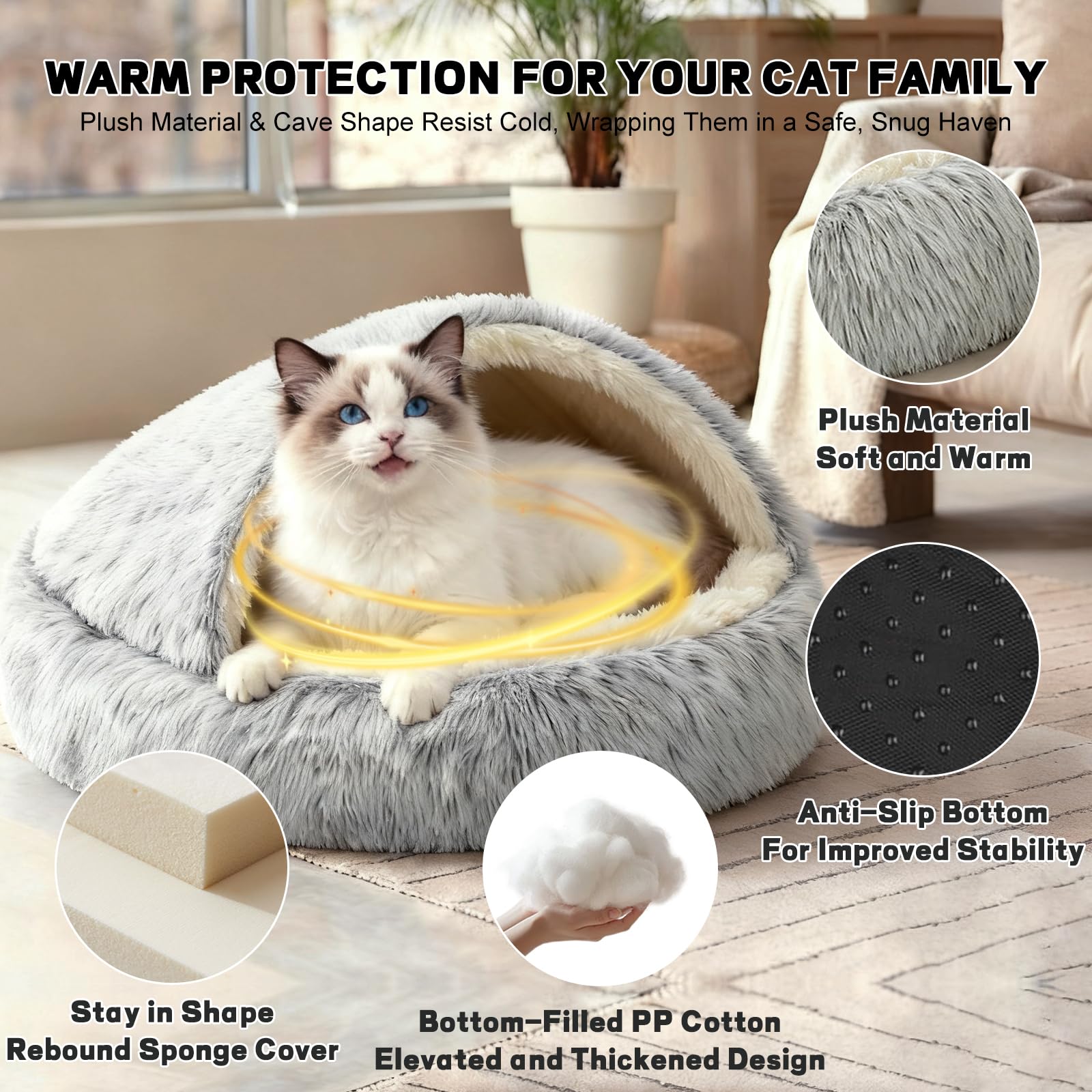YUDANSI calming cat bed dome-entry open highlights adjustable cave entrance for easy access.