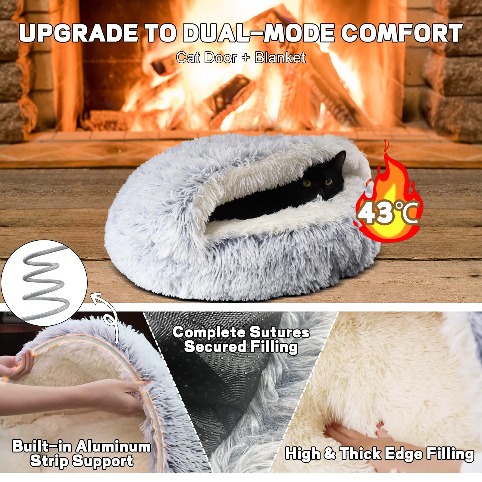 YUDANSI calming cat bed soft fur close-up emphasizes warm, cozy retreat.