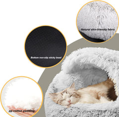 YUDANSI hooded bed gray side view highlights warmth and nesting comfort