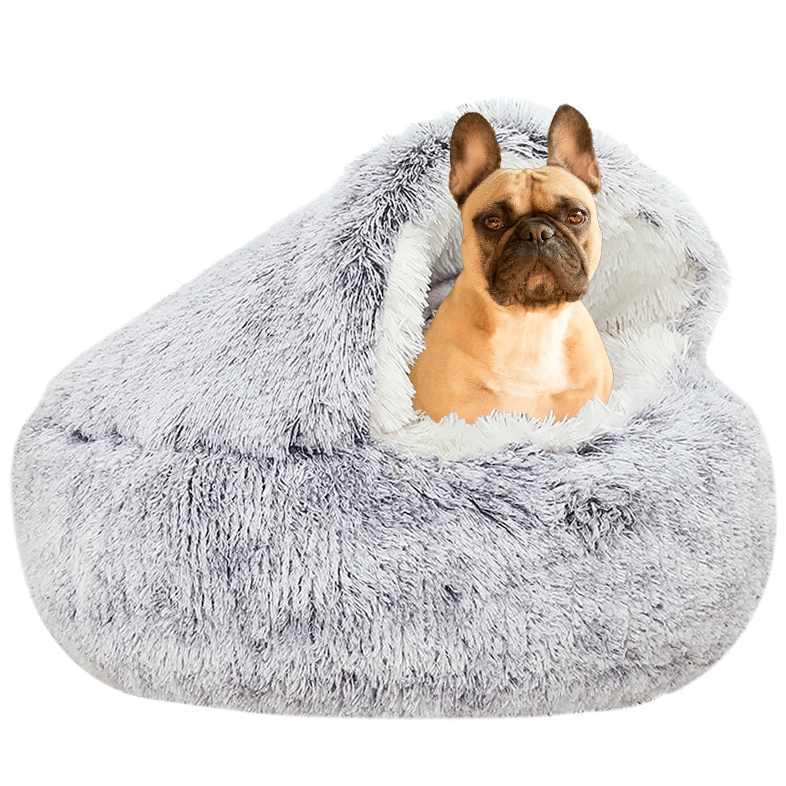 YUDANSI hooded small dog bed gray front view for cozy nesting and security