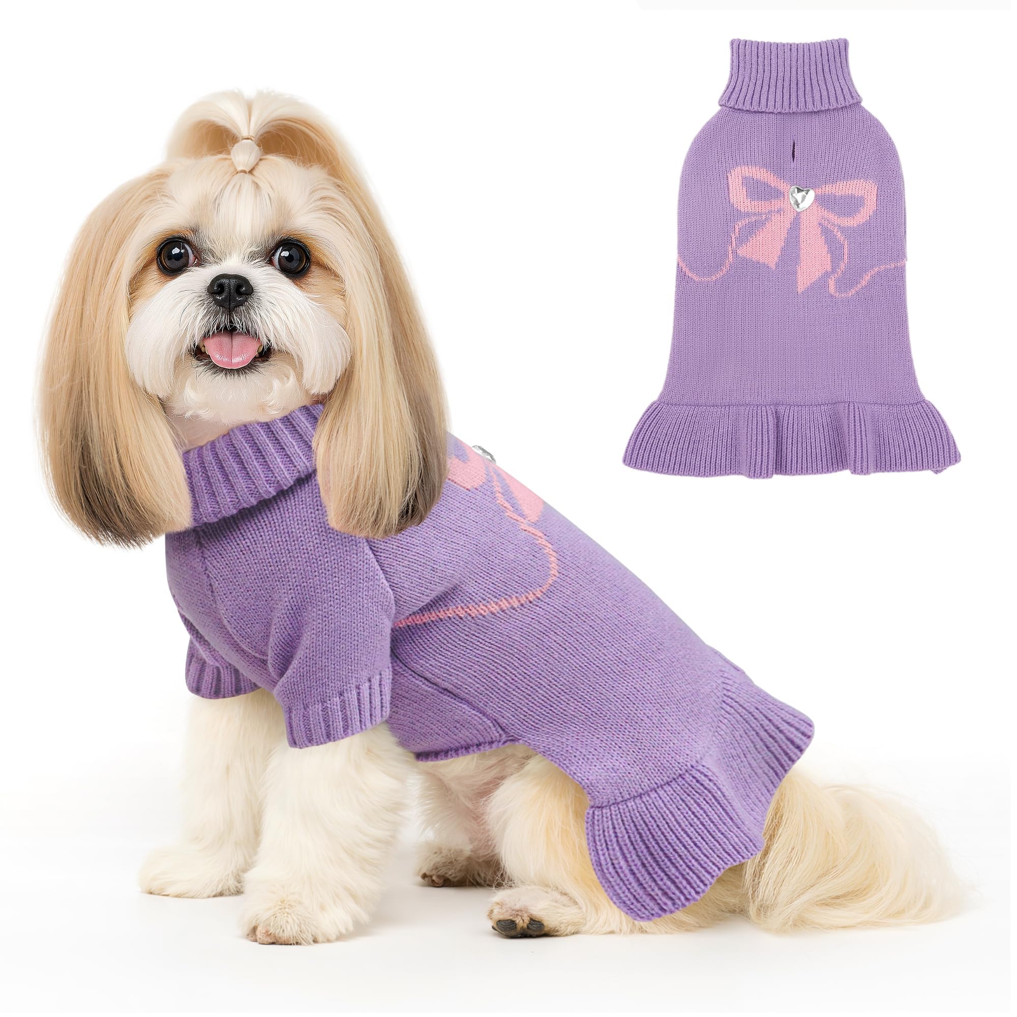 YUDODO Bowknot Dog Sweater Dress back view showing elegant bow for stylish photos.