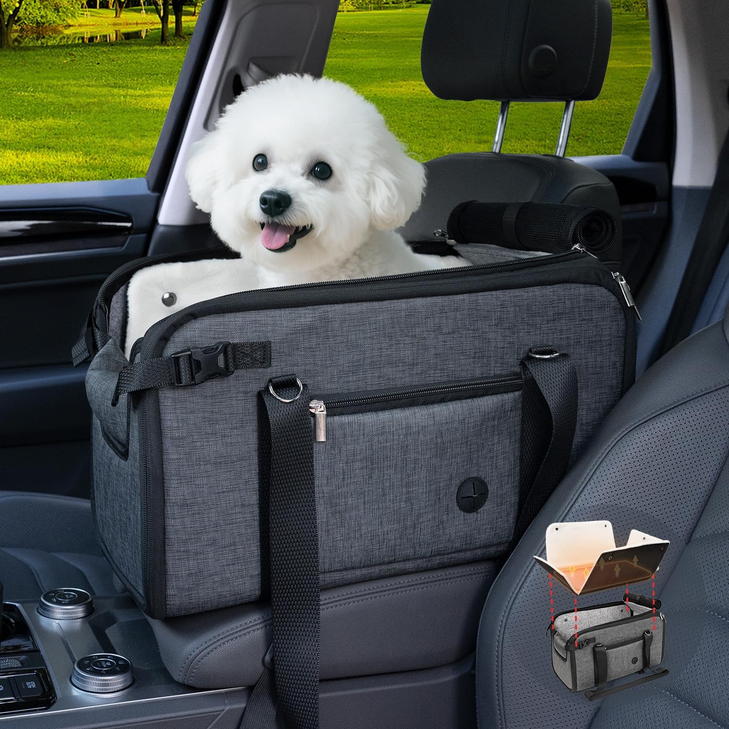 YUDODO dog car seat inner dimension shows roomy space for small dogs on car rides.