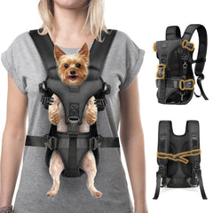 YUDODO dog front carrier back-view demonstrates secure fit for hiking with small dogs