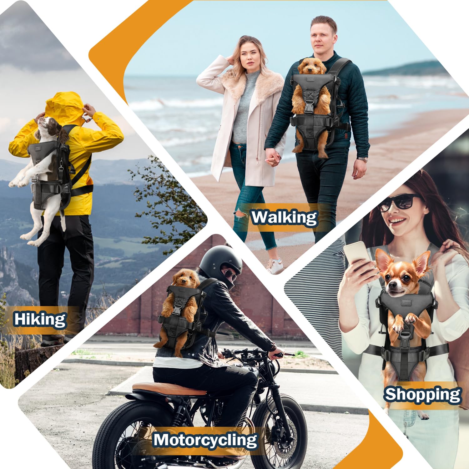 YUDODO dog front carrier-worn-by-owner shows hands-free comfort during rides