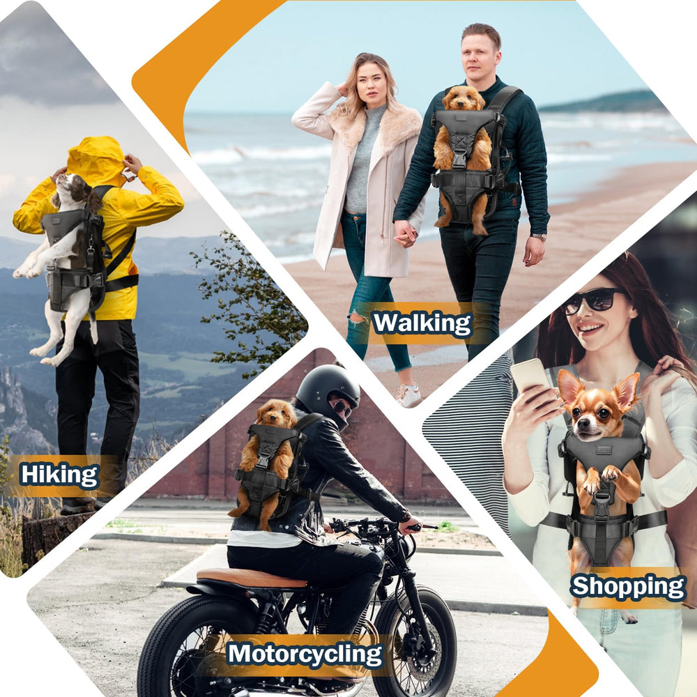 YUDODO dog front carrier-worn-by-owner shows hands-free comfort during rides
