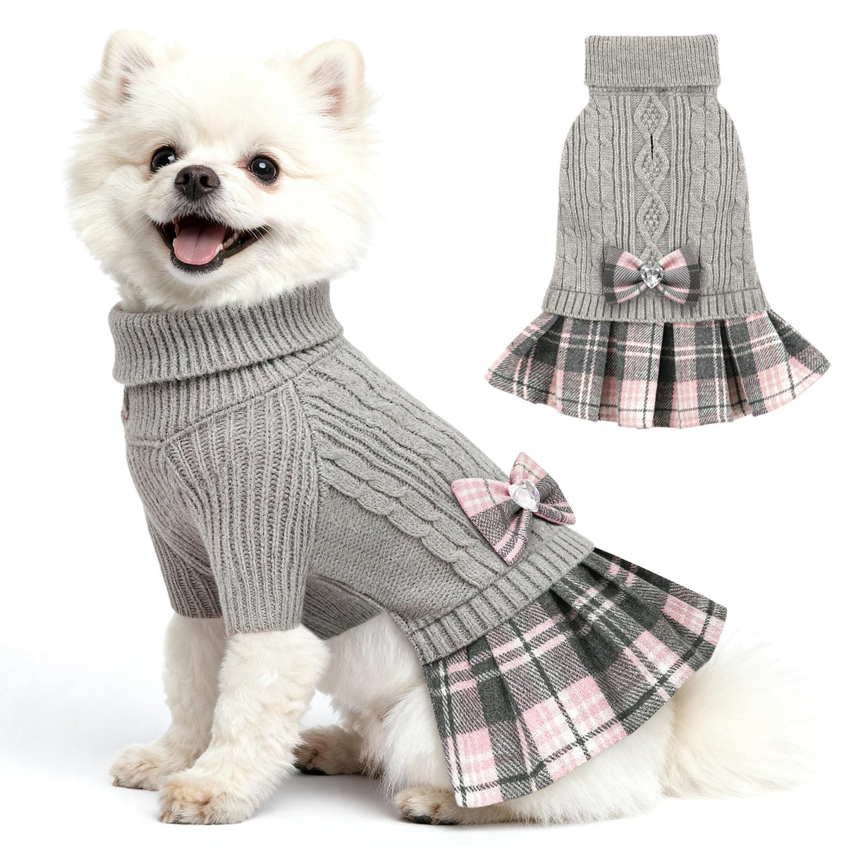 YUDODO dog sweater dress with bowtie gray front view for cozy winter warmth.