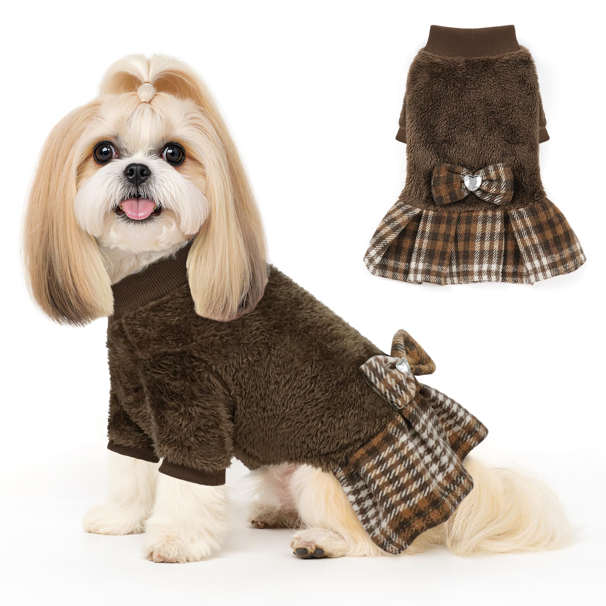 YUDODO fleece small dog sweater dress bowtie front view for cozy warmth