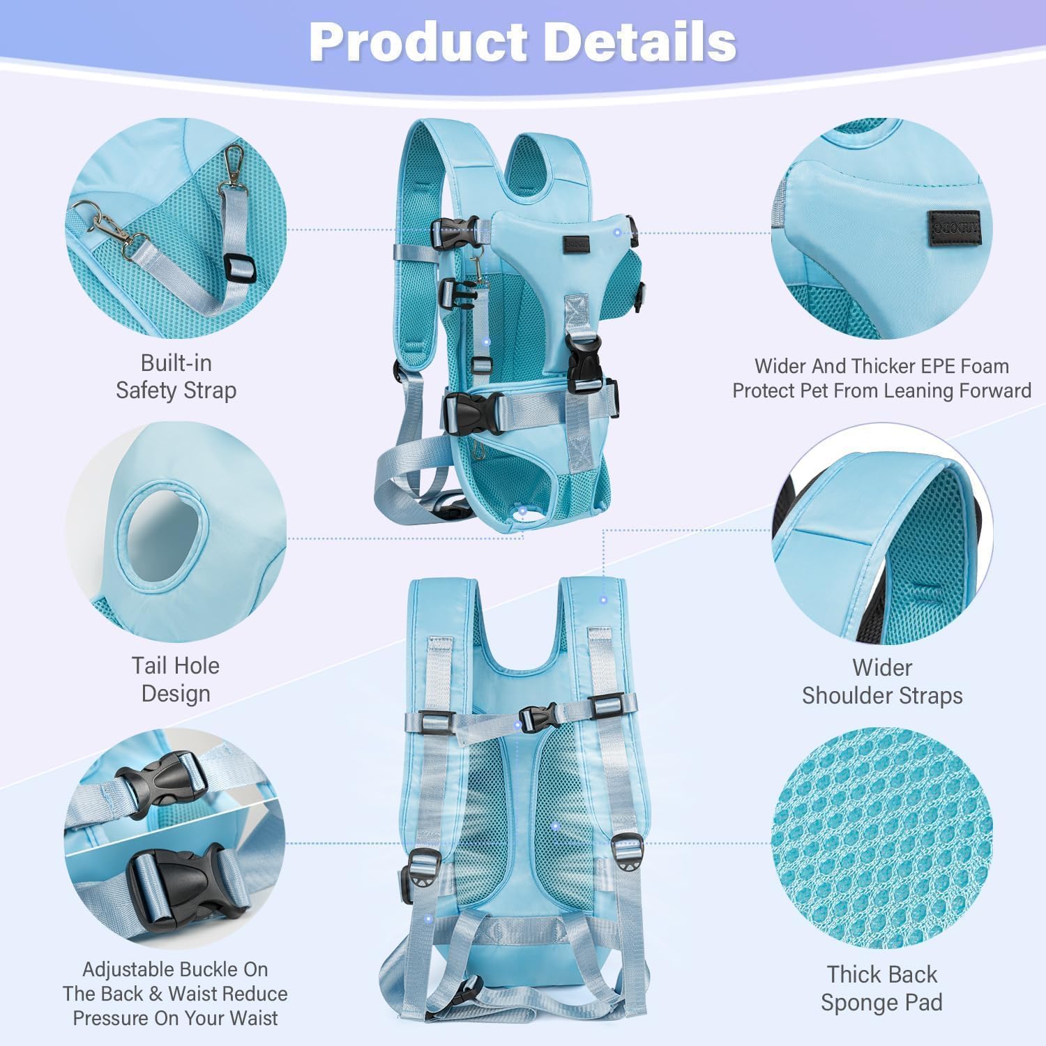 YUDODO front pet carrier backpack adjustable points tailor fit for pets and owners.