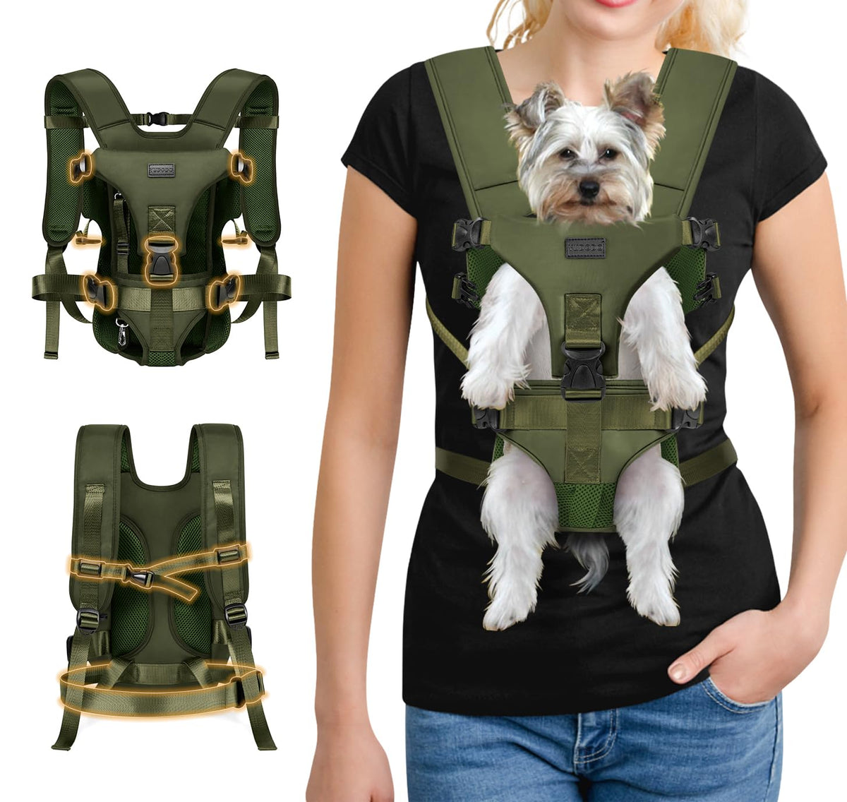 YUDODO front pet carrier backpack shows army-green shoulder straps for ergonomic comfort.