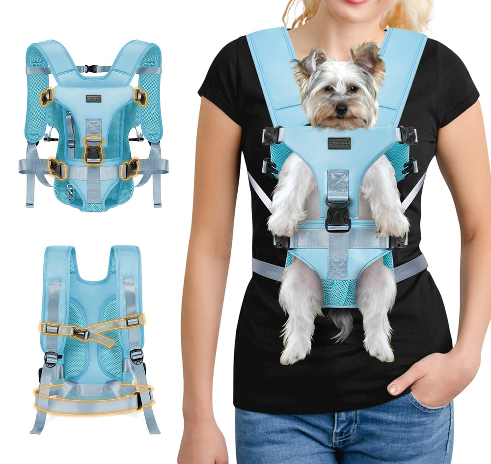 YUDODO Front Pet Carrier Backpack blue side view shows secure fit for outdoor walks