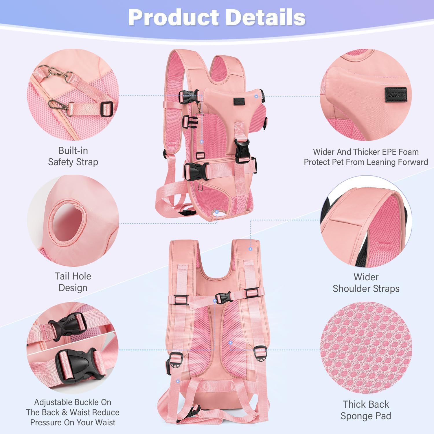 YUDODO front pet carrier pink leg-hole-tail-hole ensures snug fit for small pets.