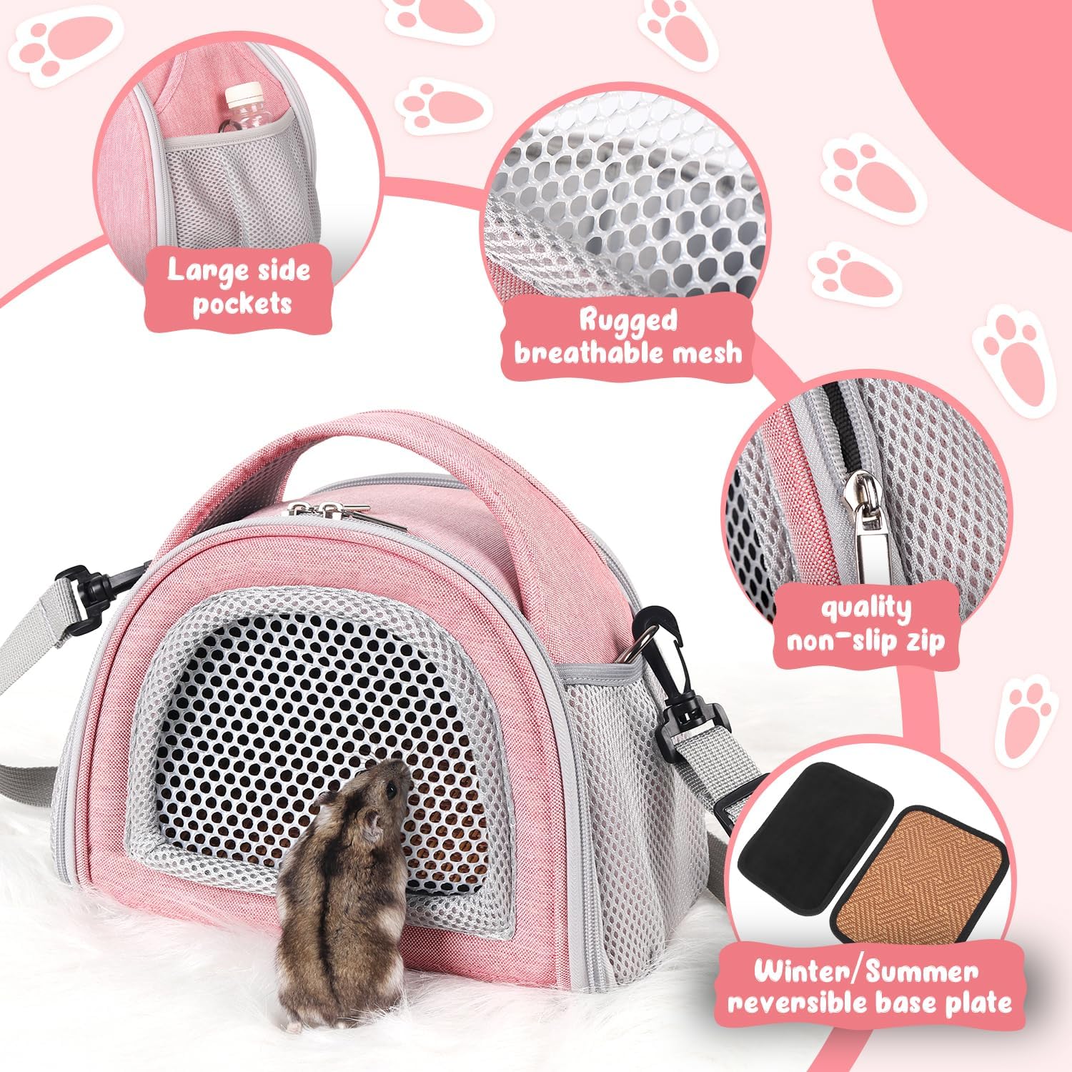 YUDODO hamster carrier bag featuring removable bottom plate for seasonal comfort.