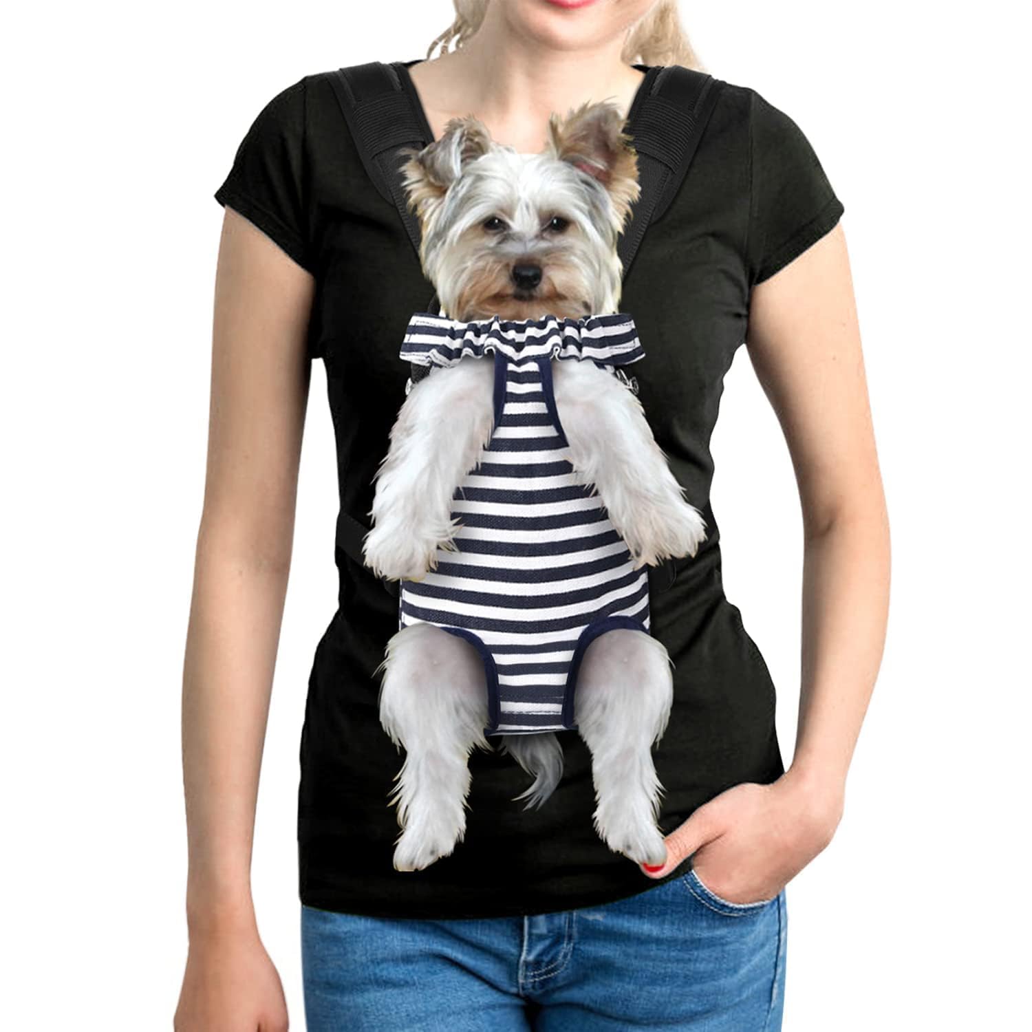 YUDODO pet dog carrier front view, medium size, blue-white stripe, hands-free hiking safety.